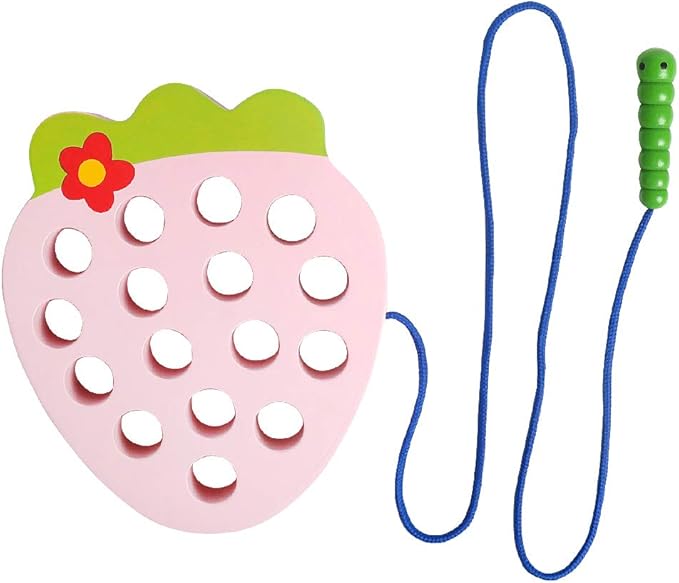 Skrtuan Wooden Lacing Threading Toys Wood Block Puzzle Car Airplane Travel Game Montessori Early Development Fine Motor Skills Educational Gift for 3 4 5 Years Old Toddlers Baby Kids, 1 Strawberry