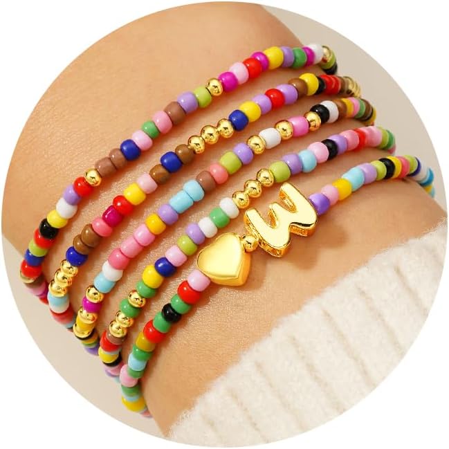 M MOOHAM 5PCS Colorful Beaded Initial Bracelets for Girls Women - Cute Stretch Heart Letter Beaded Bracelet Bohemian Initial Stackable Bracelet Birthday Gift Jewelry for Kids Teen Girl