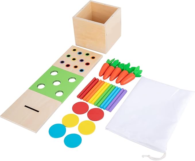 Adena Montessori 3 in 1 Wooden Montessori Play Kit Baby Toys,Includes Matchstick Color Drop Game,Carrot Harvest Game and Coin Box,Learning Toy for Kid 1,2,3 Year Old,Girl Boy Gift for Baby 6-12 Month