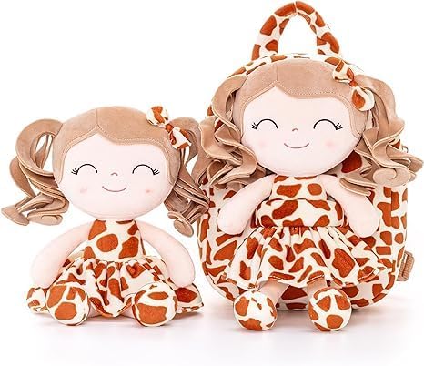 Gloveleya Toddler Backpack Baby Girl Gifts Curly Hair Plush Figures Dress Backpack Kids Backpack Curly Animal - Giraffe 9inches