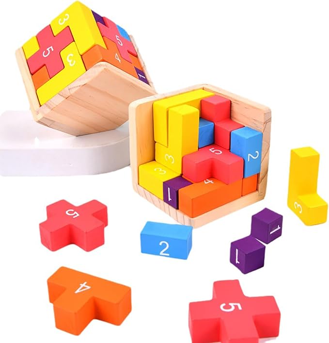 Wooden Puzzle Blocks Brain Teasers Game 3D Building Toy Geometric Wood Shape Puzzles 20Pcs Montessori STEM Educational Toys Gift for Kids Adults