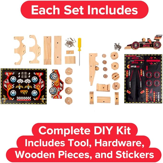 Little Jupiter DIY Wooden Kits w/Stickers - Stem Building Toys - Wood Crafts - Woodworking Kits - Wood Building Kits for Ages 4-7 Yrs (Open & Closed Wheel Race Cars)