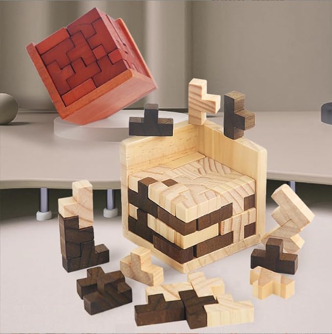 Wooden Brain Teaser Puzzle Cube Easter Basket Stuffers Wooden Puzzles T-Shaped Jigsaw Logic Puzzle Educational Toy for Kids and Adults by AHYUAN (Brown and Natural)
