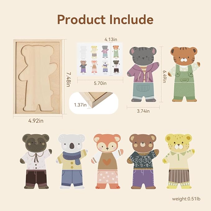 Wooden Puzzles for Toddlers Animal Dress-up Puzzle, Toddler Puzzles, Kids Learning Educational Montessori Toys for 3 4 5 Year Old, Gifts for Boys Girls (Single)