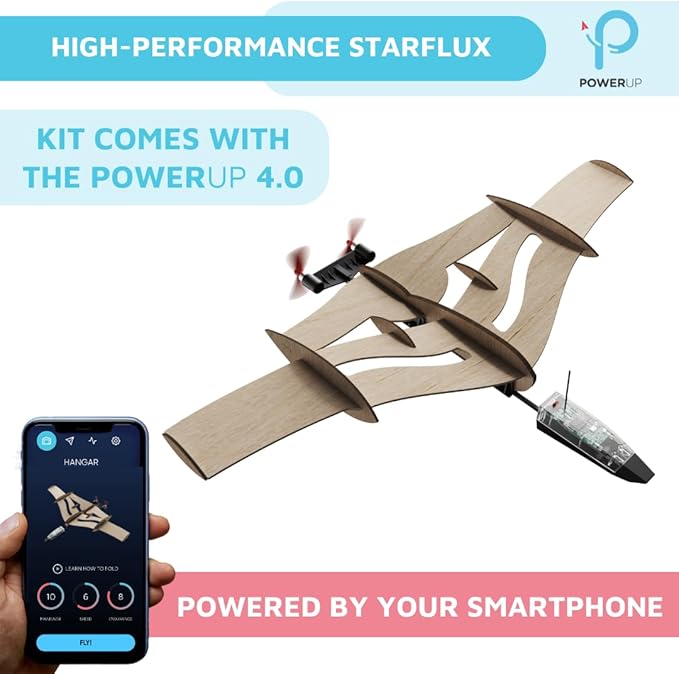 POWERUP New STARFLUX DIY Balsa Wood RC Airplane Kit – Build & Fly Smartphone Controlled Plane 4.0 | Made in USA, 2-in-1 Design, STEM Kit for Teens & Hobbyists