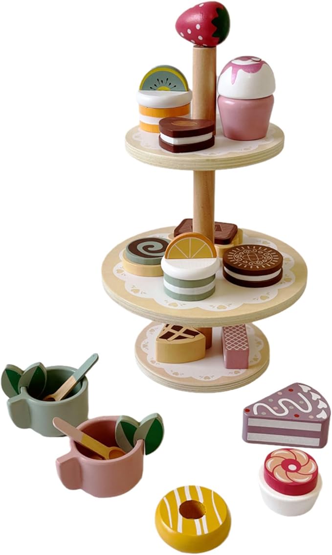 Wooden Dessert Stand Toy Set for Kids – 3-Tier Cake and Pastry Tower, Pretend Play Tea Party Accessories, Montessori Kitchen Toy for Toddlers Ages 3+