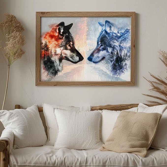 Bgraamiens - Ice VS Fire -1000 Pieces Fantasy Double Exposure Wolf Art, Nature Animals Puzzle Impossible Hard Puzzles for Adults