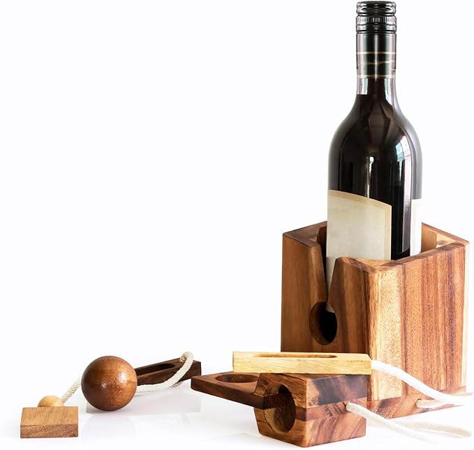 BSIRI Bottle Puzzle - Challenging 3D Wooden Bottle Holder and Bottle Lock Puzzle Games for Adults. Functional Bottle Storage, Ideal Bottle Lover Gifts, Fun Gifts, Game Night and Rustic Room Decor