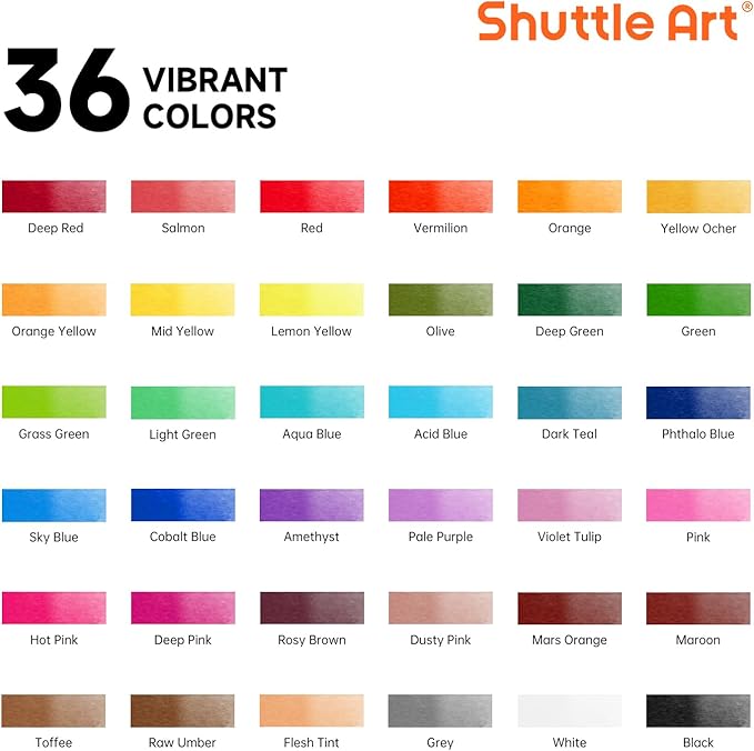 Shuttle Art 48 Pack Watercolor Paint Set, 36 Colors Watercolor Paint in Tubes (12ml Each) with 10 Brushes, 1 Watercolor Pad, 1 Palette, Premium Watercolor Kit for Artist, Beginners, Kids