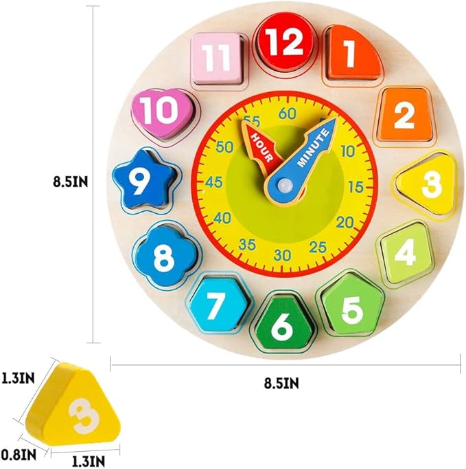 Skrtuan Wooden Sorting Clock Toy for Toddlers 3-5 Years Old, Montessori Early Learning Toy for Teaching Time, Numbers, Shapes & Colors, Educational Gift for Baby Kids