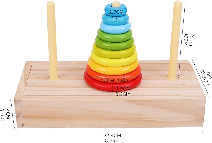 Tower of Hanoi,Wooden Towers of 10 Rings Puzzle with Storage Box Logic Puzzle Brain Teaser Intellectual,STEM Logical Game Travel Toy Family Game Column Blocks Kids 5+ Years Gift