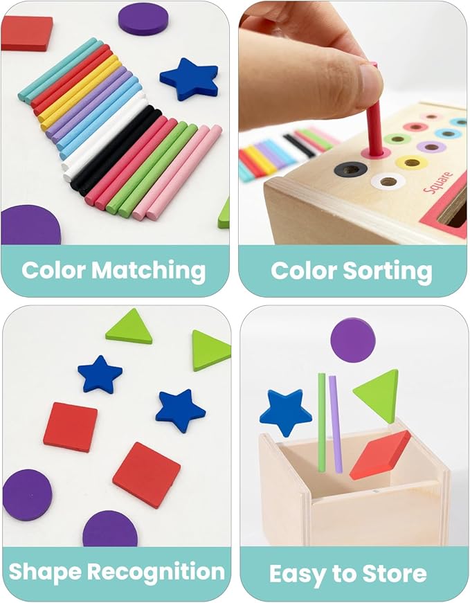 Wooden Sorting Toys Montessori Color & Shape Sorter Preschool Learning Activities Fine Motor Skills Sensory Toys for Toddlers 2-5 Birthday Gifts for Boys and Girls (Colorful-Cube)