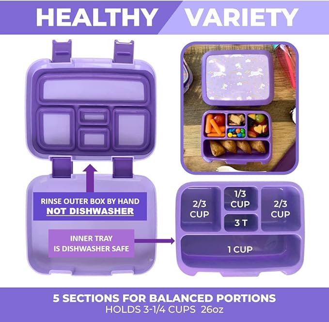Bento Box with Stainless Steel Thermo, Insulated Lunch Bag, Ice Pack Set for Kids - 5 Compartments, Lunches or Snack Container for Girls, Toddlers Daycare Pre-School, Kindergarten Purple Unicorn