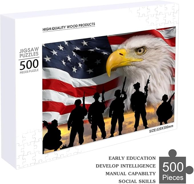 Jigsaw Puzzle for Adults 500 Pieces American Flag Eagle Soldiers Patriotic Leisure Creative Games Wooden Puzzle Game Artwork for Adults Teens Children Toys Gift