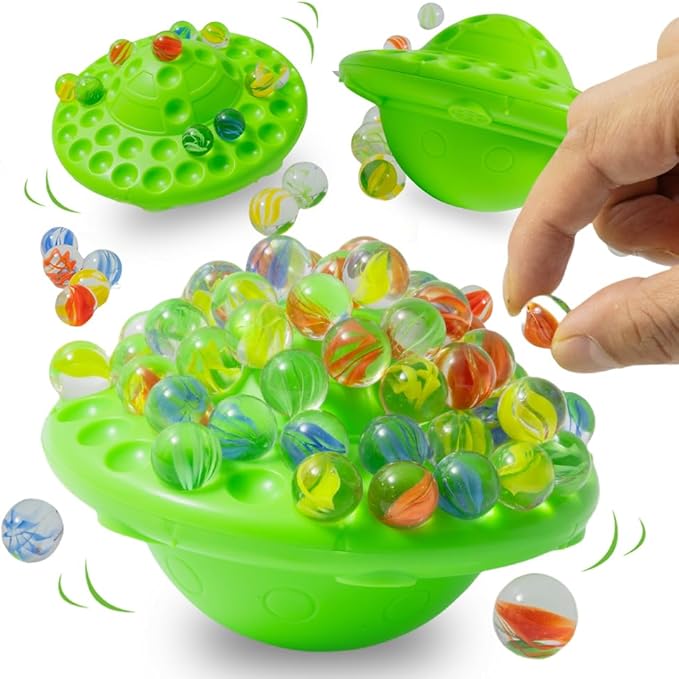 Marble Balancing Game for 1-4 Players with 60 Colorful Marbles & UFO Design - Built-in Storage Family Challenge, Fun Stacking Party Game for Kids Adults Ages 8-12, Perfect Holiday Birthday Gift