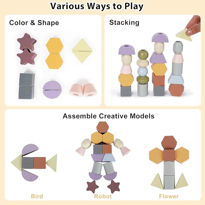 Montessori Toys for 3 Year Old - Wooden Lacing Beads & Stacking Blocks Toys for 3 4 5 Year Old Girl Boy Easter Birthday Gifts, Preschool Learning Activities With Beads Sequencing Set for Kids Age 3+