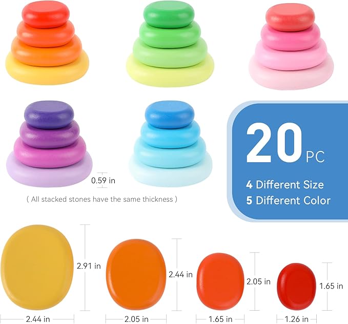 WODI Wooden Rainbow Stacking Stones 20Pcs Wood Sorting Balancing Rocks Blocks Montessori Educational Toys for Toddler Kids 3 Years Up Developing Skills