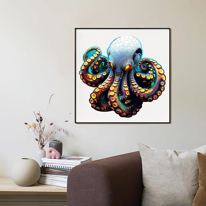 Wooden Jigsaw Puzzle, 200-500 Pieces Unique Shape Animal Puzzle, for Adults & Kids, Birthday Gift Family Game, Decorative Puzzle, Unique Gift (Techno Octopus, 200 PCS)