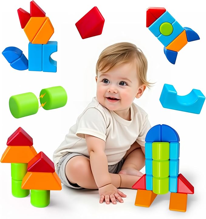 Magnetic Building Blocks, Large Magnetic Blocks for Kids Ages 1-3, 3D Geometric Shapes Stacking Blocks Set, Montessori Sensory Toys for Toddlers, Boys & Girls (12pcs)