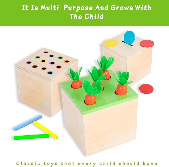 4-in-1 Montessori Wooden Play Kit for 1+ Year Old - Carrot Harvest Games, Infant Coin Box, Fine Motor Skills Toys and Cotton Swab Drop Game Box, Gift for Babies 6-12 Months