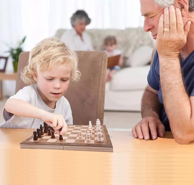 Folding Storage Wooden Chess Board Sets - 3 in 1 Chess Board Game for Adults and Kids (Backgammon, Checkers), Exquisite Wooden Chess Set