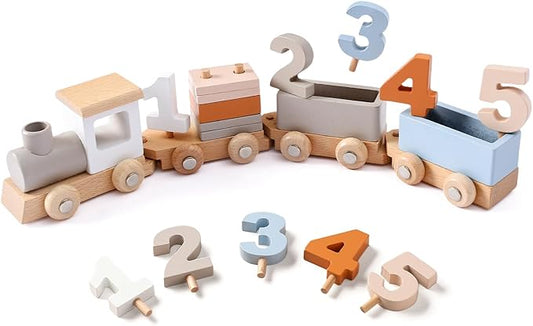 Wooden Train Set for Toddler Toys 14pcs Montessori Train Toy Set for Baby 3-5 Years Wooden Train Cars with 1 2 3 4 5 Numbers & Blocks Birthday Gift for Boys Girls
