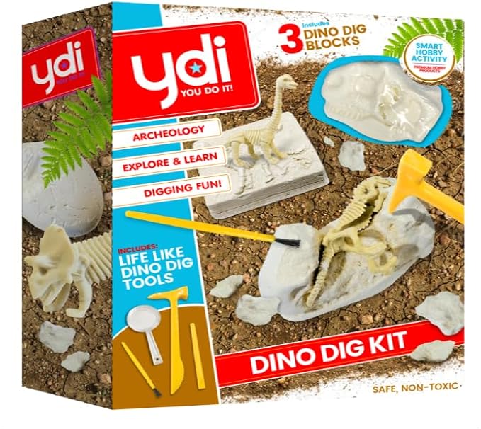 Dinosaur Fossil Digging Kit for Kids, Excavation Science Toy with Tools & 3 Dinosaur Skeletons (T-Rex, Triceratops, Brachiosaurus), Fun Educational Gift for Boys & Girls, Ages 6+