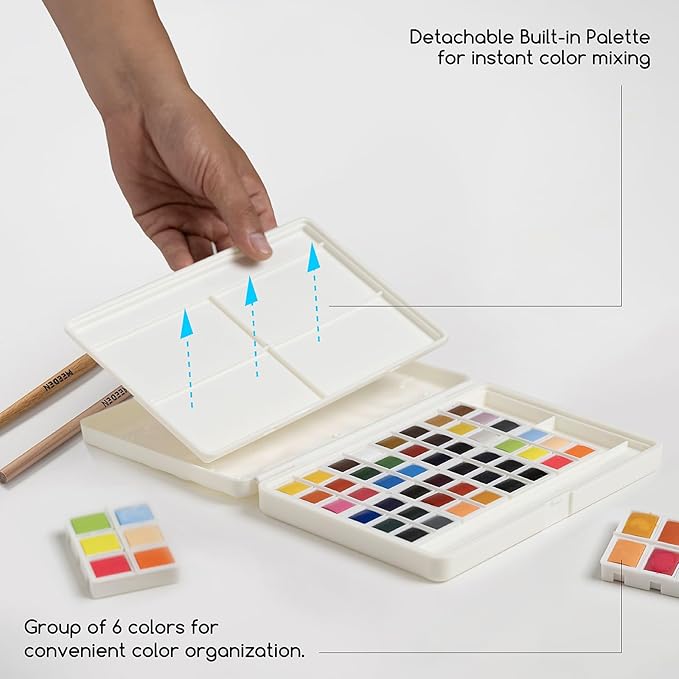 MEEDEN Watercolor Paint Set 48 Colors in Portable Box, Paint Kit with Brush, Palette, Art Supplies, Customizable Color Blocks, Bright Watercolors Travel Set for Adult Teens Beginner Amateur Artists