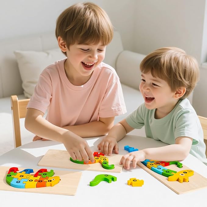 9 Pack, Wooden Puzzles for Kids, Toddler Number Puzzle, Animal Dinosaur Toddler Toys, Montessori Toys for Kids Ages 3+