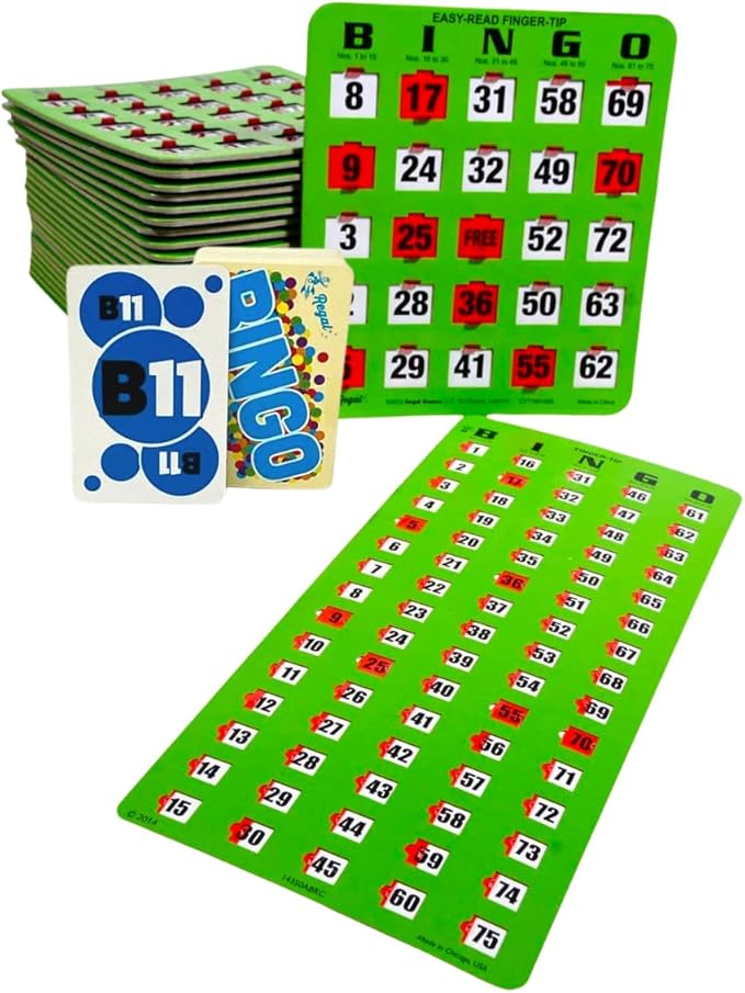 Regal Bingo Game Set for Adults and Kids - 50 Bingo Cards with Sliding Windows, Reusable & Large Bingo Cards, 1 Master Board - Fun Family Game Night - No Chips & Daubers Needed - Green