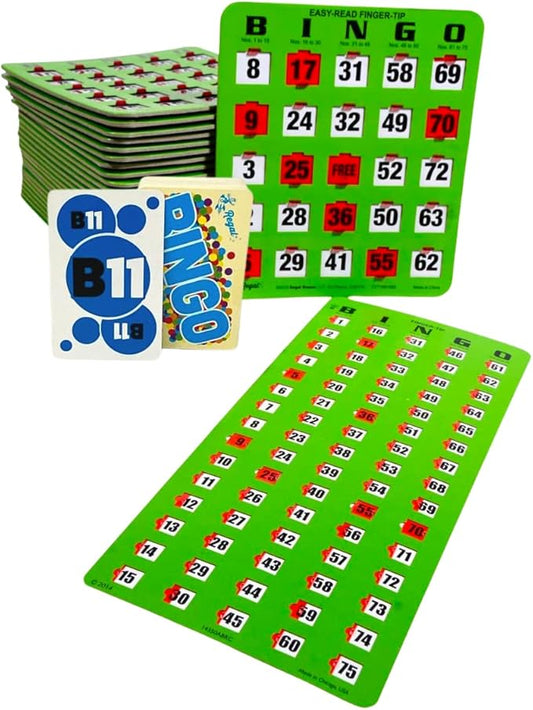 Regal Bingo Game Set for Adults and Kids - 50 Bingo Cards with Sliding Windows, Reusable & Large Bingo Cards, 1 Master Board - Fun Family Game Night - No Chips & Daubers Needed - Green