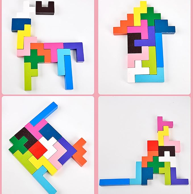 Wooden Puzzle Pattern Blocks Brain Teasers Game 3D Russian Building Toy Geometric Wood Tangram Shape Jigsaw Puzzles Montessori STEM Educational Toys Gift for Kids Adults (Multicolor)