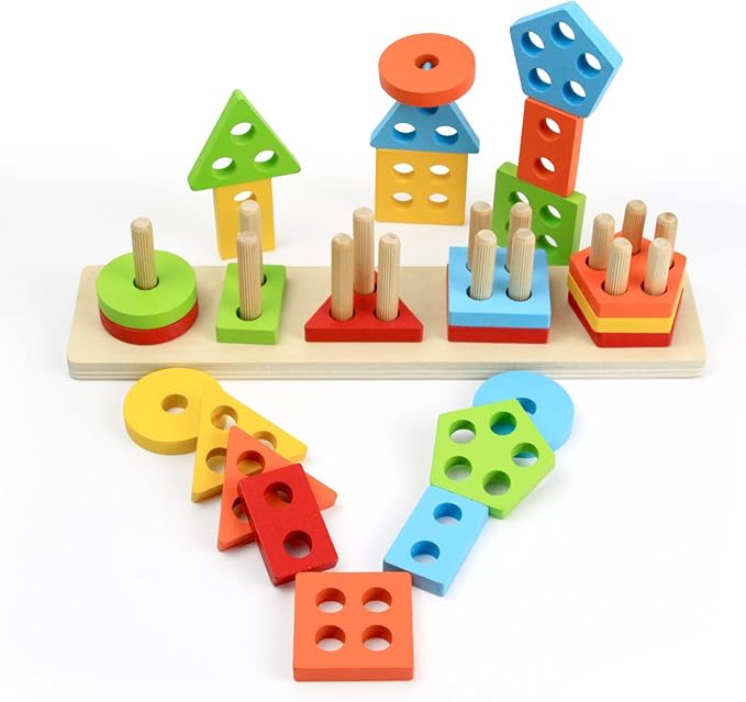 WOOD CITY Wooden Sorting & Stacking Toy, Shape Sorter Toys for Toddlers, Montessori Color Recognition Stacker, Early Educational Block Puzzles for Kids 1 2 3 Years Old Boys and Girls (5 Shapes)