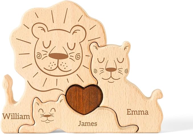 Wooden Lion Family Puzzle, Personalized Puzzles with 2-5 Names, Mothers Day Birthday Gifts for Women Men, Customized Home Decor Housewarming Gifts for Parents Couple Friends
