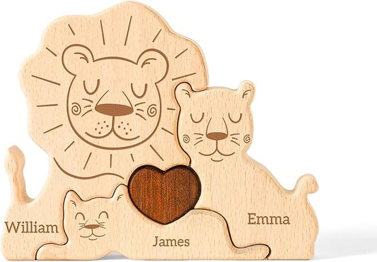 Wooden Lion Family Puzzle, Personalized Puzzles with 2-5 Names, Mothers Day Birthday Gifts for Women Men, Customized Home Decor Housewarming Gifts for Parents Couple Friends