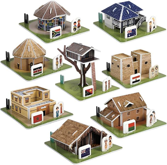 3D Puzzle Set - Traditional Houses Collection: Build 8 Country Models with Authentic Costumes, DIY Kit for Hobbyists, Creative Toy and Home Decor (Africa and Oceania)