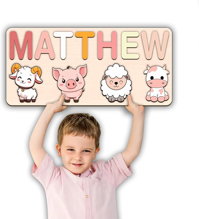 LOVELYPOD Personalized Name Puzzle for Kids, Custom Name Puzzles for Toddlers 1-3 Animal Puzzle, Customized 1st Birthday for Girls & Boys Wooden Toys for Kids, for New Baby - Style 13