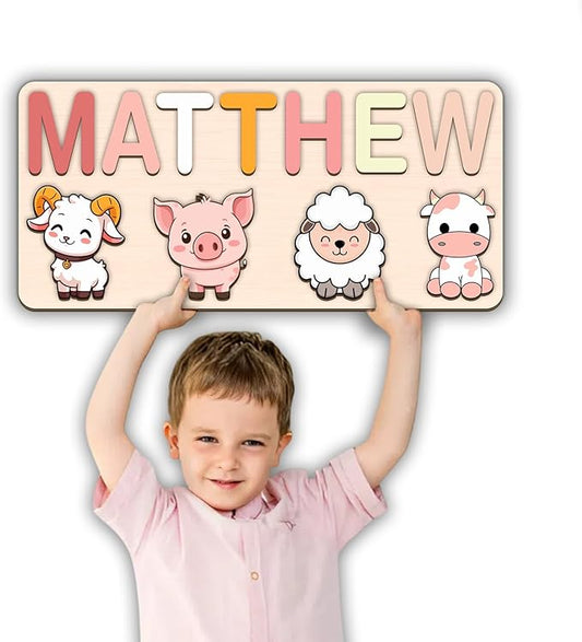 LOVELYPOD Personalized Name Puzzle for Kids, Custom Name Puzzles for Toddlers 1-3 Animal Puzzle, Customized 1st Birthday for Girls & Boys Wooden Toys for Kids, for New Baby - Style 13
