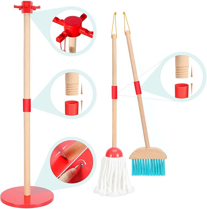 WHOHOLL Wooden Kids Cleaning Toy Set Toddler Broom and Dustpan Set for Housekeeping 9 Pcs Broom and Mop Set for Toddlers 3-5, Baby Cleaning Toys with Sponge, Birthday Gifts for Boys and Girls