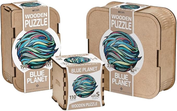 Eco-Wood-Art Wooden Puzzle - Blue Planet M | Unique Round Jigsaw Puzzle for Adults | 3D Earth Globe Decor | 300 Intricate Pieces | Eco-Friendly Home Decor Gift
