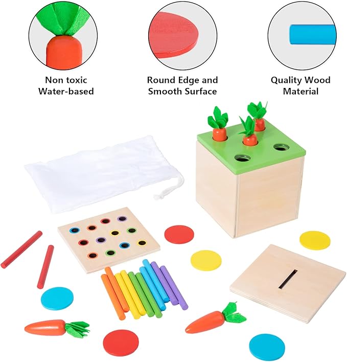 Wooden Montessori Toys for 1 2 3 Year Old Baby Gifts,Play Kit Box Includes Carrot Harvest Games, Montessori Coin Box for 6-12 Months and Fine Motor Skills Toys for 1 Year Old (3-in-1)