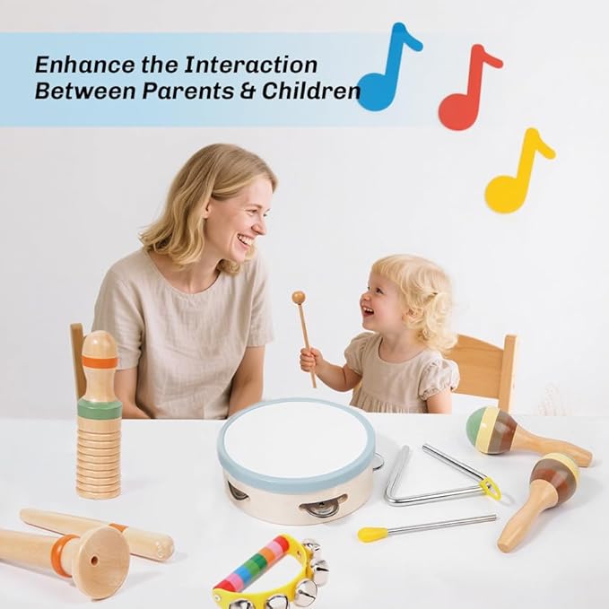 Toddler Musical Instruments Set - Neutral Colors Wooden Montessori Toys Percussion Instruments Musical Toys with Modern Boho Xylophone Tambourine for Kids Preschool Educational 3+ Birthday Gifts