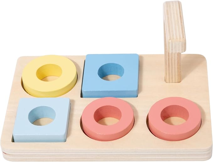 Adena Montessori Wooden Stacking and Sorting Ring,Wooden Rings on Peg,5 Shapes on Curved Peg Horizontal Dowel Variation,Baby Toddler Educational Eearly Learning Toys for 1 Year Olds Boy and Girl Gift