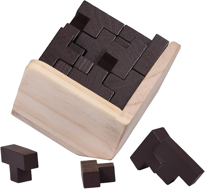 3D Wooden Brain Teaser Puzzle Cube Wooden Puzzles T-Shaped Jigsaw Logic Puzzle Game Puzzles Educational Toy for Kids and Adults (Coffee)