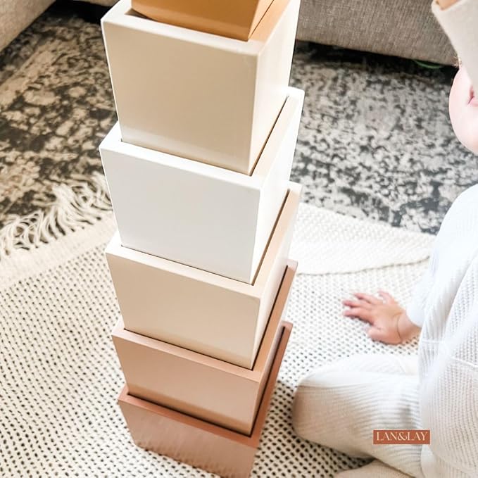 Wood Stacking Blocks for Toddlers 1-3 | LAN&Lay Durable Building Blocks | Wooden Educational Toys, Neutral