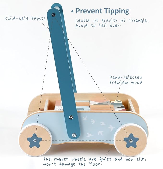 PairPear Wooden Baby Walker with Blocks & Brake – Montessori Push Cart, Adjustable Speed, Anti-Slip Wheels, Gift for 1-3 Y Boys & Girls