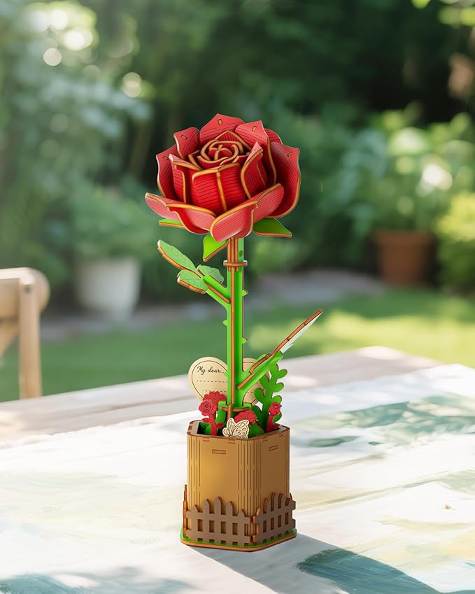 3D Red Rose Wooden Puzzles for Adults, DIY Wooden Flower Craft Kit, Artificial Flowers Model Kit to Assemble for Adults.(3.3 * 3.5 * 8.6in 73PCS)