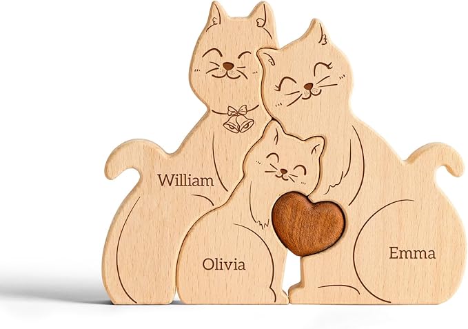Wooden Mommy Cat Family Puzzle, Personalized Puzzles with 2-5 Names, Mothers Day Birthday Personalized Gifts for Mom Dad Grandma Kids Boys Girls Toddler, Christmas Thanksgiving Decor