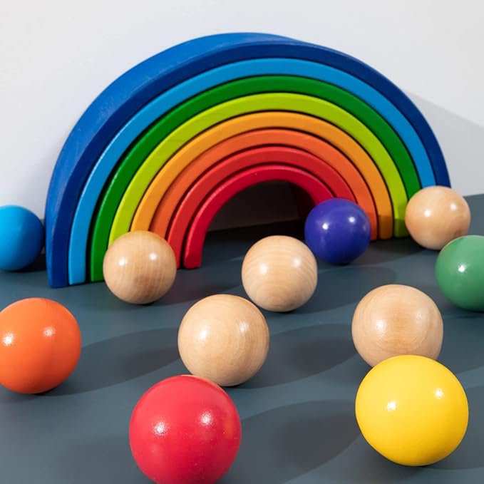 1.8 Inch Montessori Wooden Rainbow Balls, Colorful/Pastel/Natural Wooden Ball Toys for Toddler & Baby Grasping, Preschool Learning Material, Educational Counting Toy - 6 Pcs
