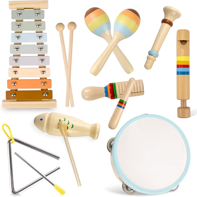Baby Musical Instruments-Montessori Wooden Toys for Toddlers 3+ Neutral Colors Percussion Instruments Set with Modern Boho Xylophone for Kids Preschool Educational, Comes with Storage Bag